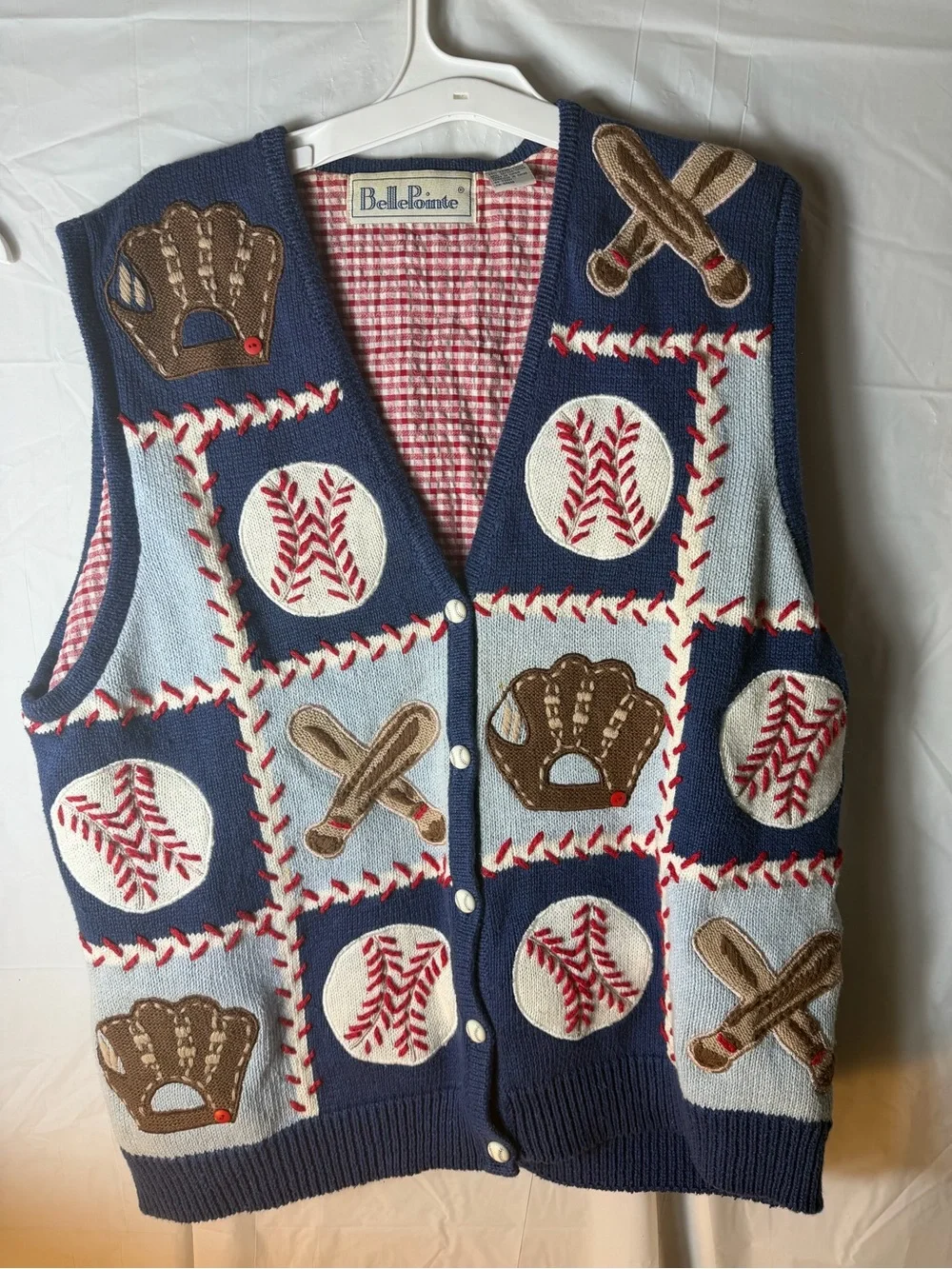 Vintage BellePointe size xl Navy Baseball Patchwork Sweater Vest